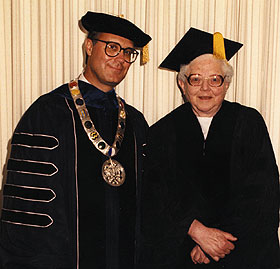Dorothy Goodwin in 1988, with University President John Casteen.