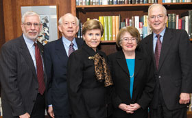 Judge Patricia Wald, second from right, the speaker for the 2008 Sackler Distinguished Lecture in Human Rights, with, from left, Tom Wilsted, director of the Dodd Center, philanthropists Raymond and Beverly Sackler, and University President Michael J. Hogan.