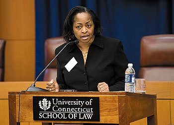 Carol Anderson, associate professor of history at the University of Missouri, delivers the Day Pitney Visiting Scholar lecture at the Law School on March 5.