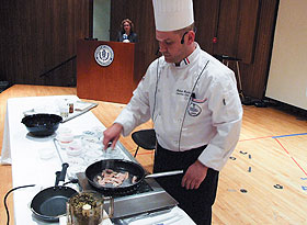 Executive chef Richard Duclos prepares a Thai chicken recipe during a diabetes education program at the Health Center.