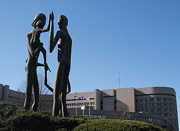 A sculpture, The Family, by Wolfgang Behl, part of the permanent collection of art at the Health Center in Farmington.