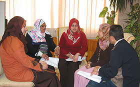 Women at Menoufia University in Egypt discuss ideas for the curriculum of a new women’s center there. The discussion was part of a joint workshop between UConn and Menoufia University.