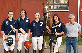 L to R Lizzie Wisher ’11 (CANR), Kelly Wisher ’08 (ED), Elizabeth Rockwell ’08 (CLAS), Marcos (horse) Lindsey Marcotte ’08 (CANR), Jim Dinger, coach and associate professor of animal science.