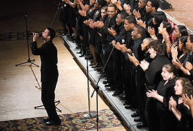 The Voices of Freedom gospel choir performs during the Inauguration ceremony at Jorgensen Center for the Performing Arts.