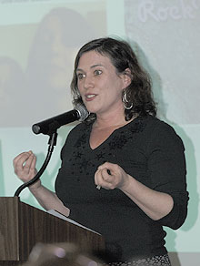 Author and blog editor Anastasia Goodstein speaks about social networking on the Internet, during a conference on media literacy on April 11.