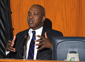 Charles J. Ogletree Jr., legal theorist and professor at the Harvard School of Law, speaks about race and the U.S. Constitution at Konover Auditorium, as part of Constitution Day.