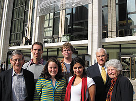 Physics professors Winthrop Smith, left, and Cynthia Peterson, right, accompanied fine arts dean David Woods, second from right, and science and arts students to the final dress rehearsal of the Metropolitan Opera’s <i>Dr. Atomic</i>. Science students shown are, from left, Mitchell Underwood, Sarah Lamb, Jason Hartley, and Anastasia Gussen.