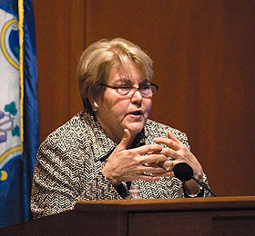 Charlotte Bunch, executive director of the Center for Women’s Global Leadership at Rutgers University, delivers the Sackler Lecture in Human Rights.