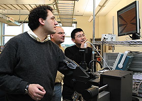 From left, researchers Ali Gokirmak, Christian Brückner, and Yu Lei in their lab.