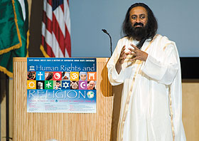 Spiritual leader Sri Sri Ravi Shankar speaks at the Student Union, during the comparative human rights conference.