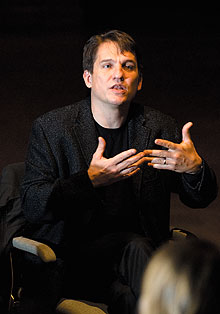 Keith Lockhart, conductor of the Boston Pops Orchestra, talks with students during a First Year Experience class at Jorgensen Center for the Performing Arts.