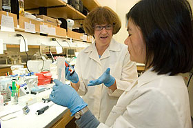 Debra Kendall, left, Board of Trustees Distinguished Professor of Molecular and Cell Biology, in her lab with former research assistant, Mingxia Zhang
