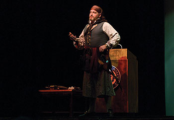 John McNiff of Free Men of the Sea, a living history re-enactment group, discusses the life of a pirate during the Golden Age of Piracy in the American colonies. The demonstration, part of Steve Park’s First Year Experience course, took place in Jorgensen Center for the Performing Arts on Feb. 26.
