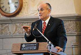 Former New York City Mayor Rudy Giuliani speaks at the Law School on March 5, as part of a panel discussion about the Department of Justice.