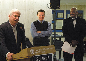 U.S. Sen. Christopher Dodd, left, with U.S. Rep. Chris Murphy, center, and Dr. Cato T. Laurencin, vice president for health affairs, during a news conference at the Health Center on stem cell research on March 14.