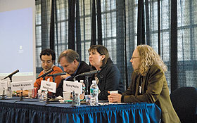 From left, Jad Abumrad and Robert Krulwich of Radio Lab, Helen Rozwadowski, associate professor of history, and Nancy Naples, professor of sociology, take part in a panel discussion during Humanities Day March 27.