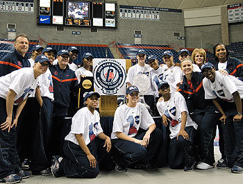 The UConn women’s basketball team gathers in Gampel Pavilion, after winning its sixth NCAA National Championship in St. Louis on April 7.