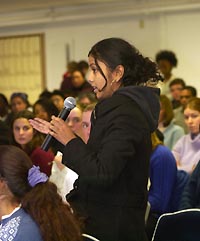 Image: Sanjida Karim, a freshman, speaks during the February 11 panel discussion.