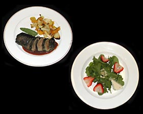 Roast loin of venison, left, and strawberry and arugula salad