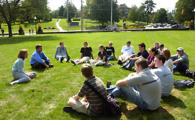Image: FYE class on the lawn outside the Young Building.