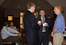 Image: President Philip Austin and Provost John Petersen talk with Richard Wilson, professor of anthropology.