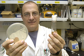 Image: Rob Reenan holds a plate and vial filled with fruit flies used in his research on gene recoding.