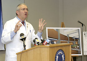 Image: Dr. Peter J. Deckers announces renovations for the Health Center.