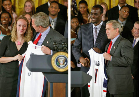 Left: President George Bush and Maria Conlon; Right: President Bush and Emeka Okafor